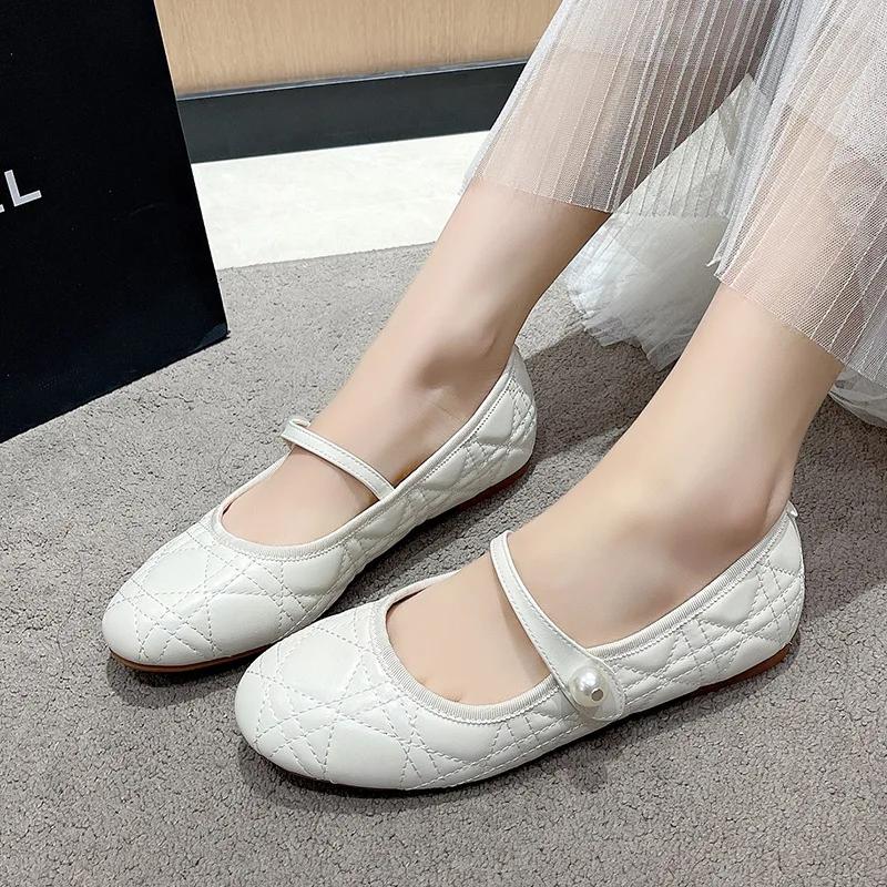 Women's Shoes 2024 Autumn Mary Jane New Fashion Pearl Shallow Mouth Flat Sole Comfortable Non Slip White Banquet Casual Shoes