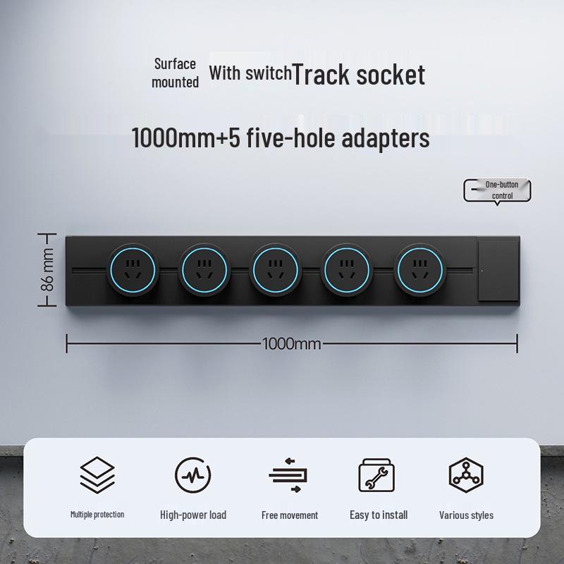 Surface-Mounted Anti-Shock Adjustable Power Strip with Switch Track for Kitchens