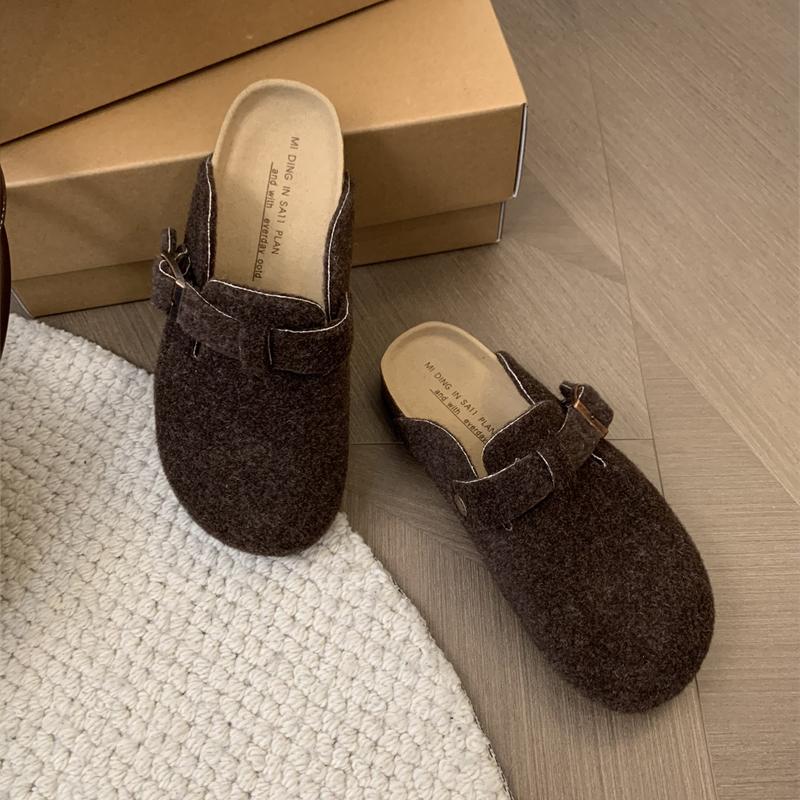 Fashion Woman's Fleece Felt Mule Clogs Closed Toe Real Soft Cork Footbed Slide Slippers Ladies Winter Warm Plush Birken Sandals