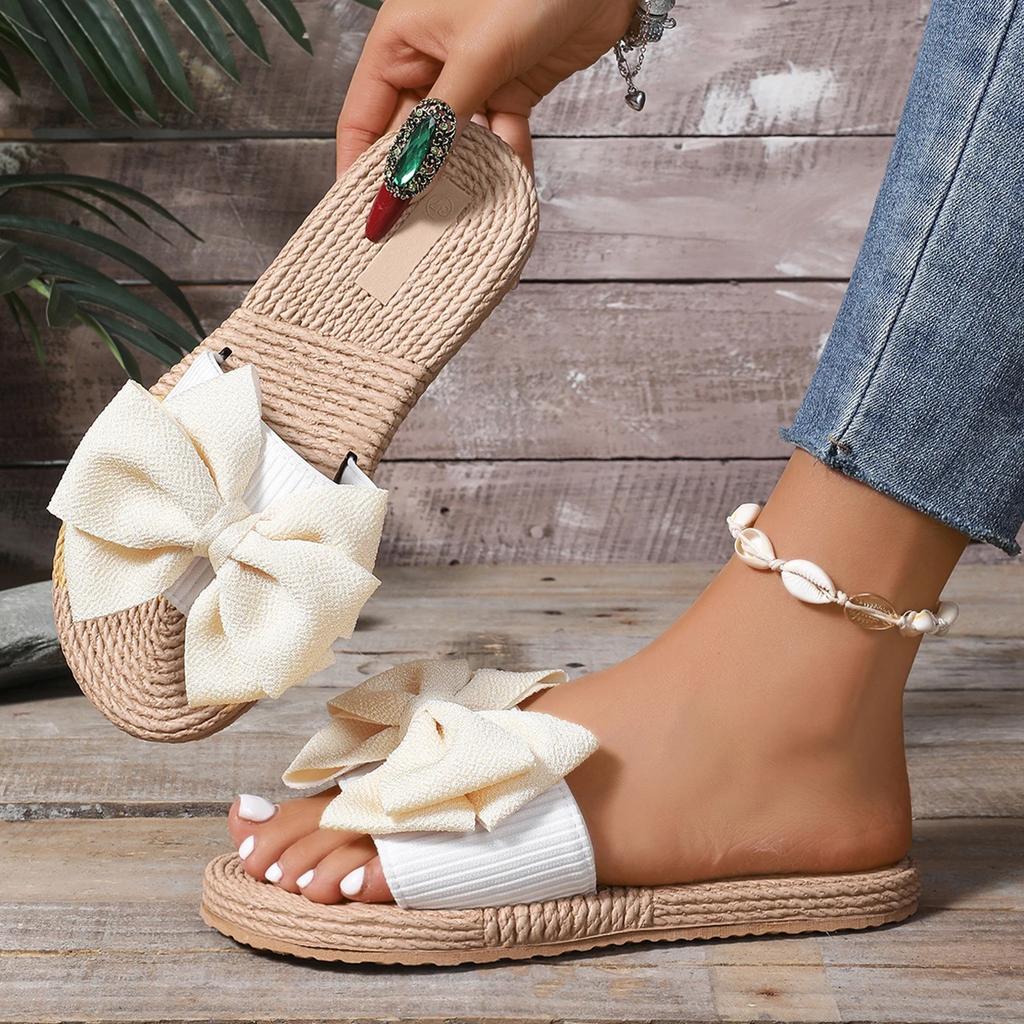 Women Slippers New Summer Striped Bow Platform Sandals Slides Women Casual Shoes Comfortable Flax Slippers Zapatos De Mujer
