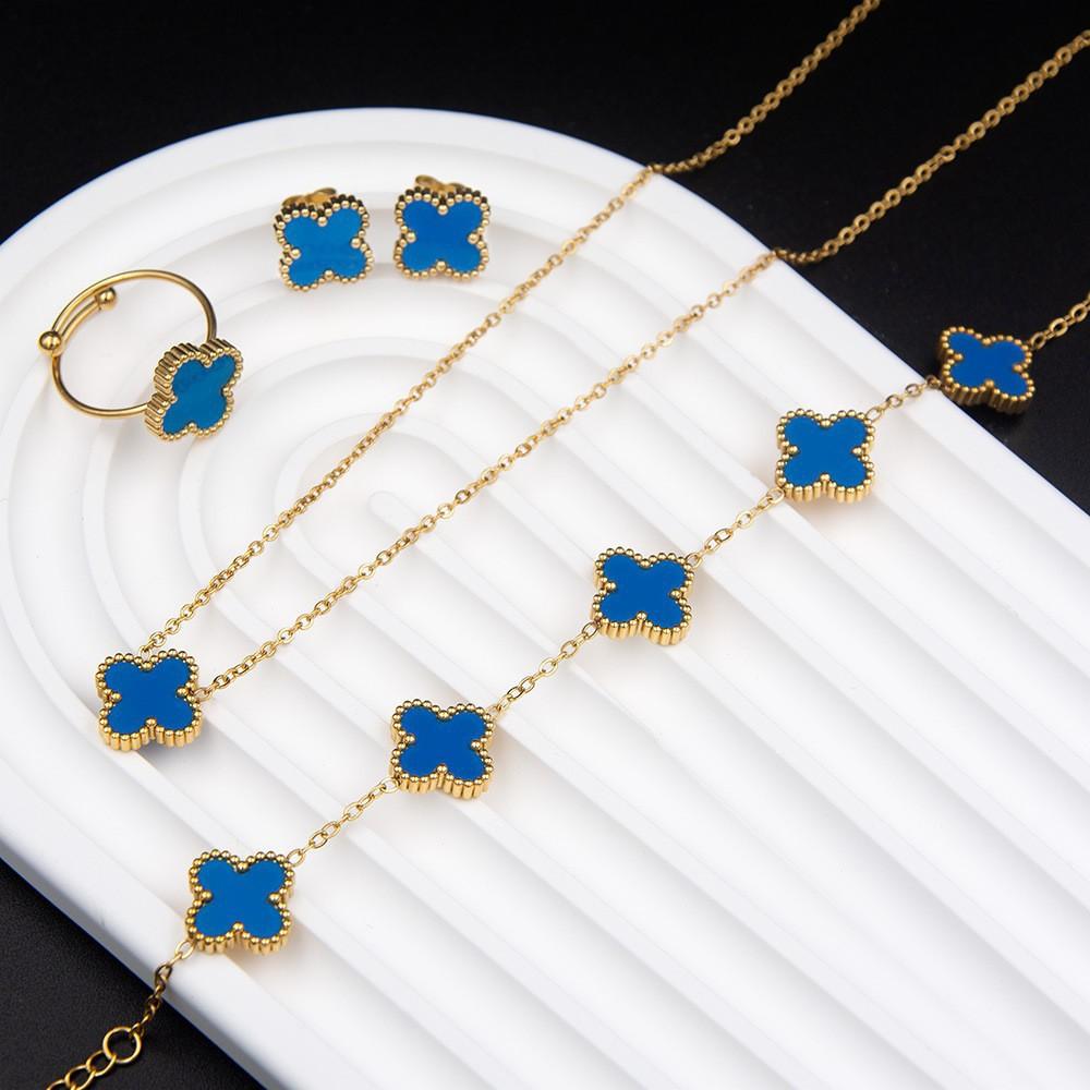 4PCS Clover 4-Piece Jewelry Set Including Necklace, Bracelet, Earrings and Ring, Versatile Lucky Five-Petal Flower Fashion Ornaments