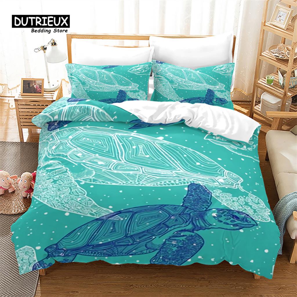 Sea Animal Duvet Cover Octopus Turtle Starfish Queen Bedding Set Microfiber Ocean Life Bedding Set King For Kids Boys Girls Teen