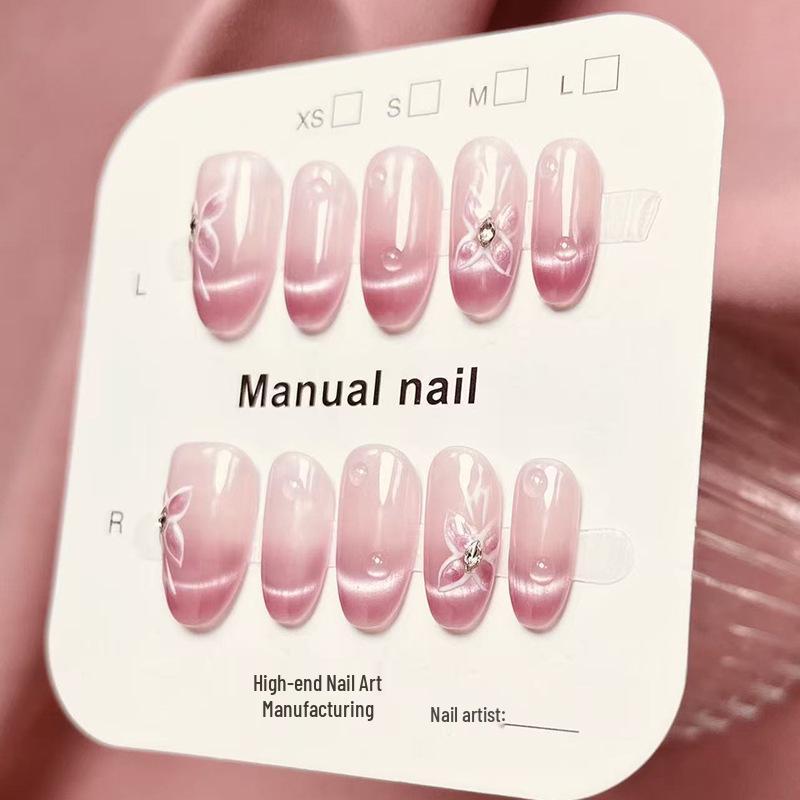 **Peach Blossom Tender Butterfly Cat Eye Handmade Short Nails** Medium