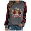 Women's Fashion Plaid Patchwork Christmas Print Round Neck Long Sleeve T-Shirt Top