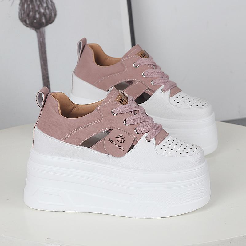 Fashion 12CM Genuine Leather Vulcanized Platform Wedge Casual Women Summer Shoes Fashion Sneakers Hollow Heels Increase Shoes