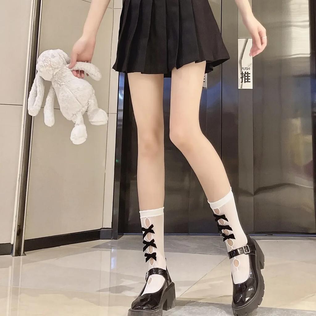 Lolita Women Stockings JK Japanese Style Long Socks Hollow Out Velvet Bow Thigh High Socks Elastic Sweet Kawaii Cute Knee Socks