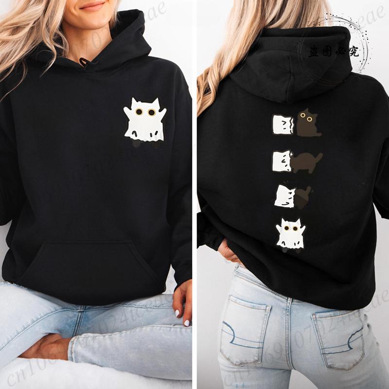 Autumn Fleece Hoodie Boo Black Cat Printed Hooded Halloween Fashion Sweatshirts Long Sleeve Top Drawstring Pockets Loose Hoodies