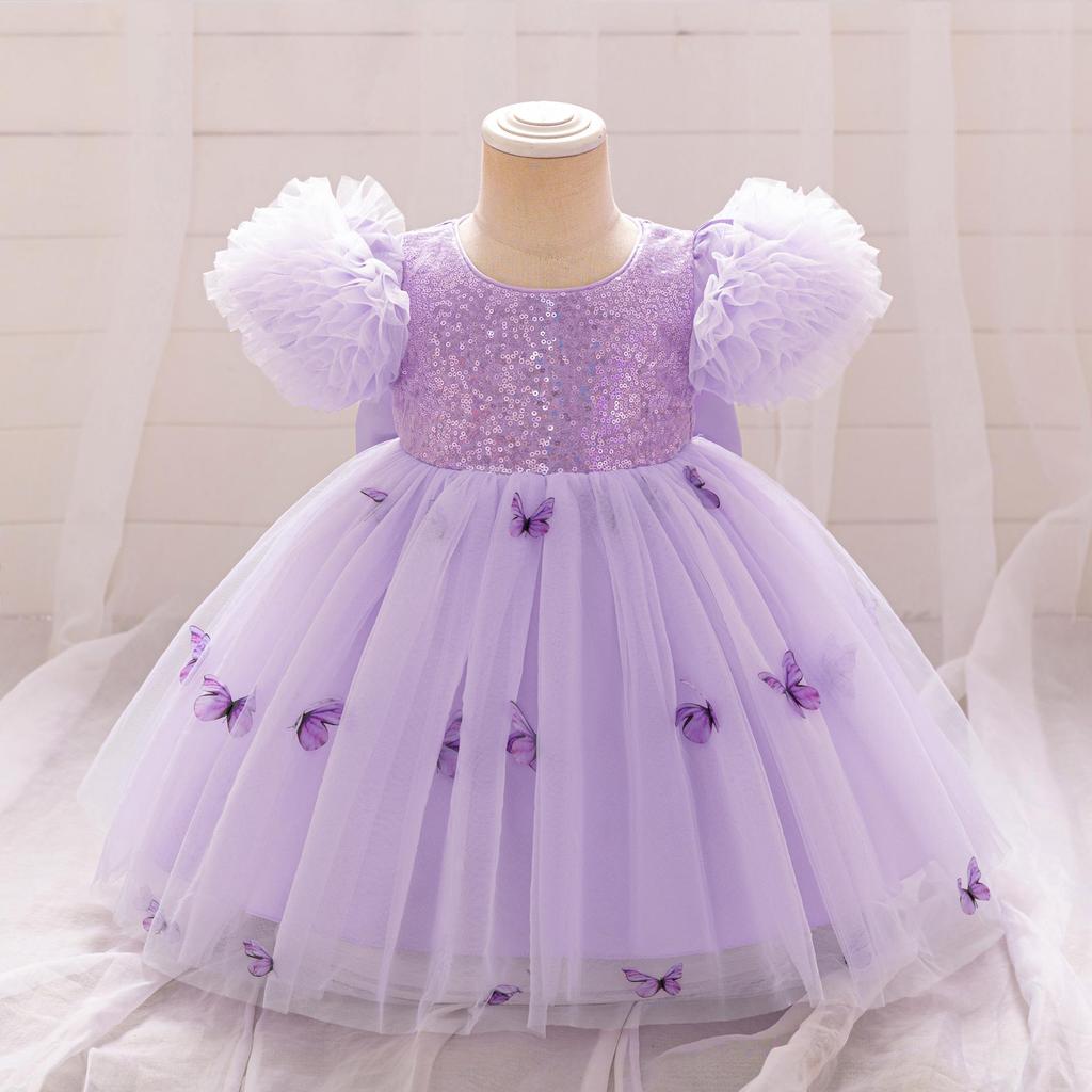 Purple Mesh Butterfly Princess Dress with Puffy Bubble Sleeves for Girls
