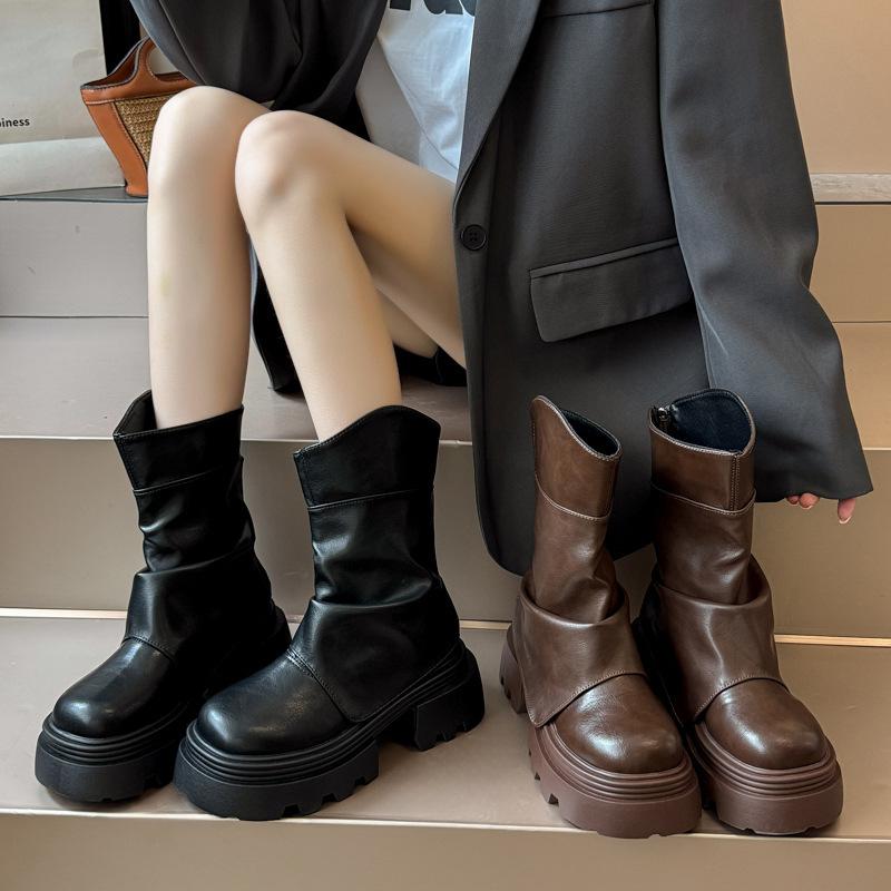 Brown Maillard Platform Martin Boots Women's 2025 New Summer Single Boots Short Boots Heightening Pile Pants Tube Boots