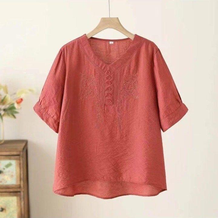 

Women s Summer Tencel Linen Embroidered Short Sleeve T-shirt & Pants Two-Piece Set for Middle-aged Mothers. XL (suggested weight: 80-100 jin)