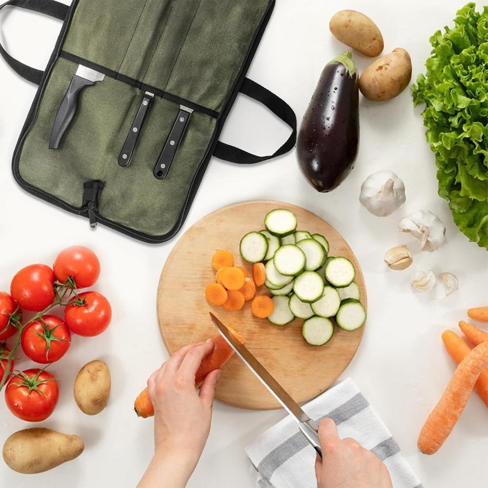 

Waterproof Chef Tool Storage Bag Waxed Canvas Portable Knife Case for Kitchen Utensils зелений