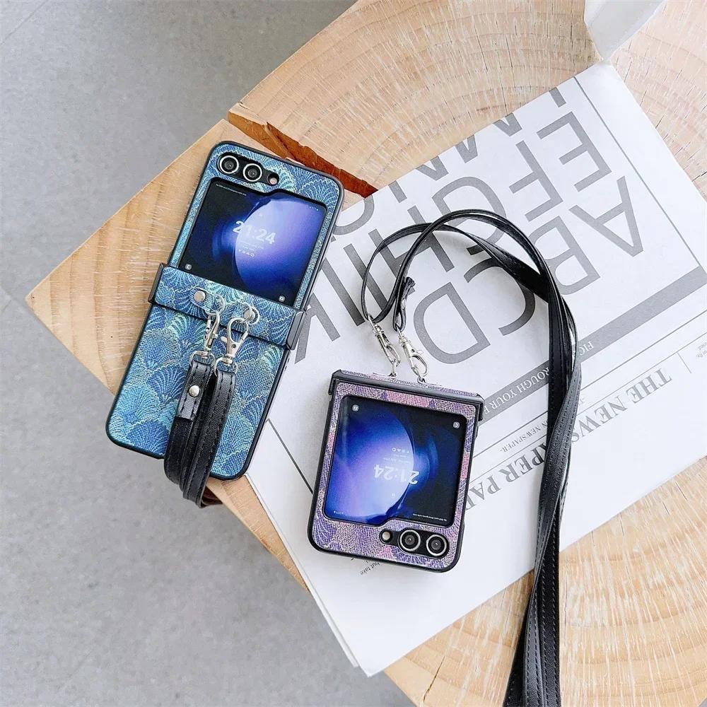 Tribal Pattern PU Leather Crossbody Lanyard Phone Case for Samsung Galaxy Z Flip 6 5 4 3 5G Hinge Protection Shockproof Cover