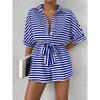 Summer Women's New Striped Lapel Button-up 1/2 Sleeves Jumpsuit Shorts, European American Style Casual Outfit for Crossborder