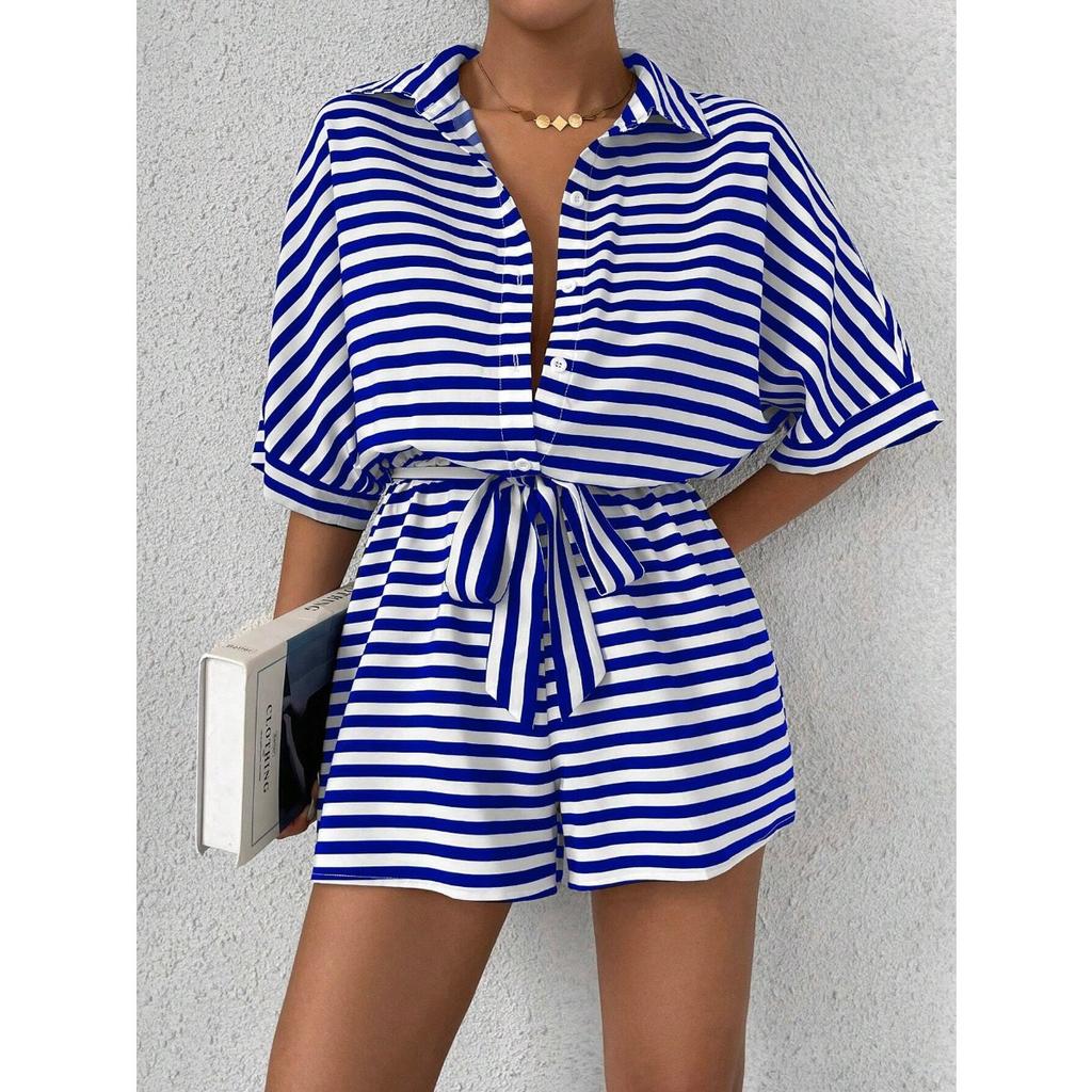 Summer Women's New Striped Lapel Button-up 1/2 Sleeves Jumpsuit Shorts, European American Style Casual Outfit for Crossborder