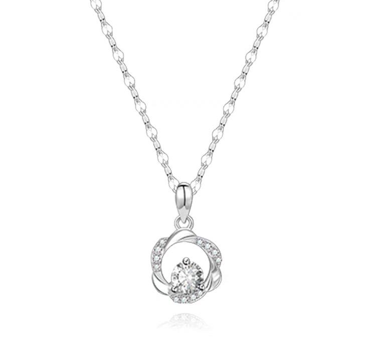 Sterling Silver Necklace with Mobius Ring Pendant and Trendy Flower Clavicle Chain