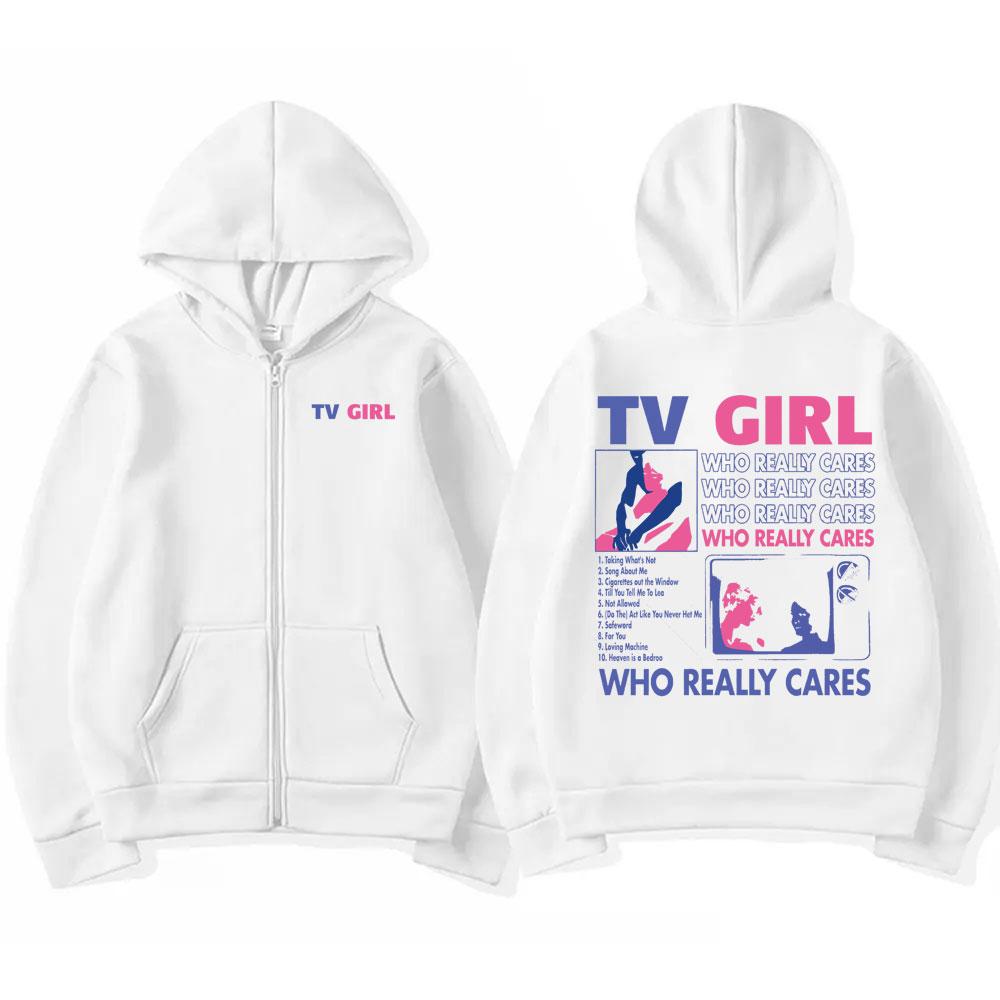 Vintage Tv Girl Who Really Cares Printed Zipper Hoodies Men Women Gothic Y2K Trending Sweatshirt Hip Hop Zip Up Jacket Coats