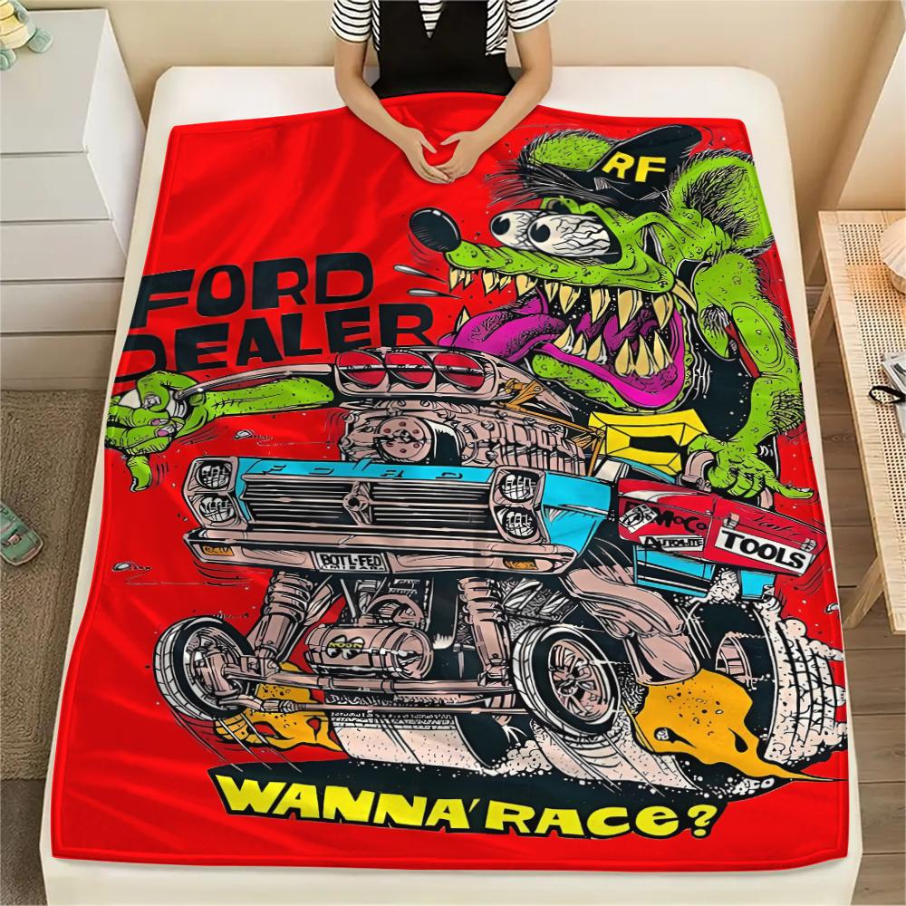 1PC Rat Fink Print Flannel Blanket, High Quality All Seasons, Home Decor, Warmth and Comfort, Perfect for Christmas Gifts
