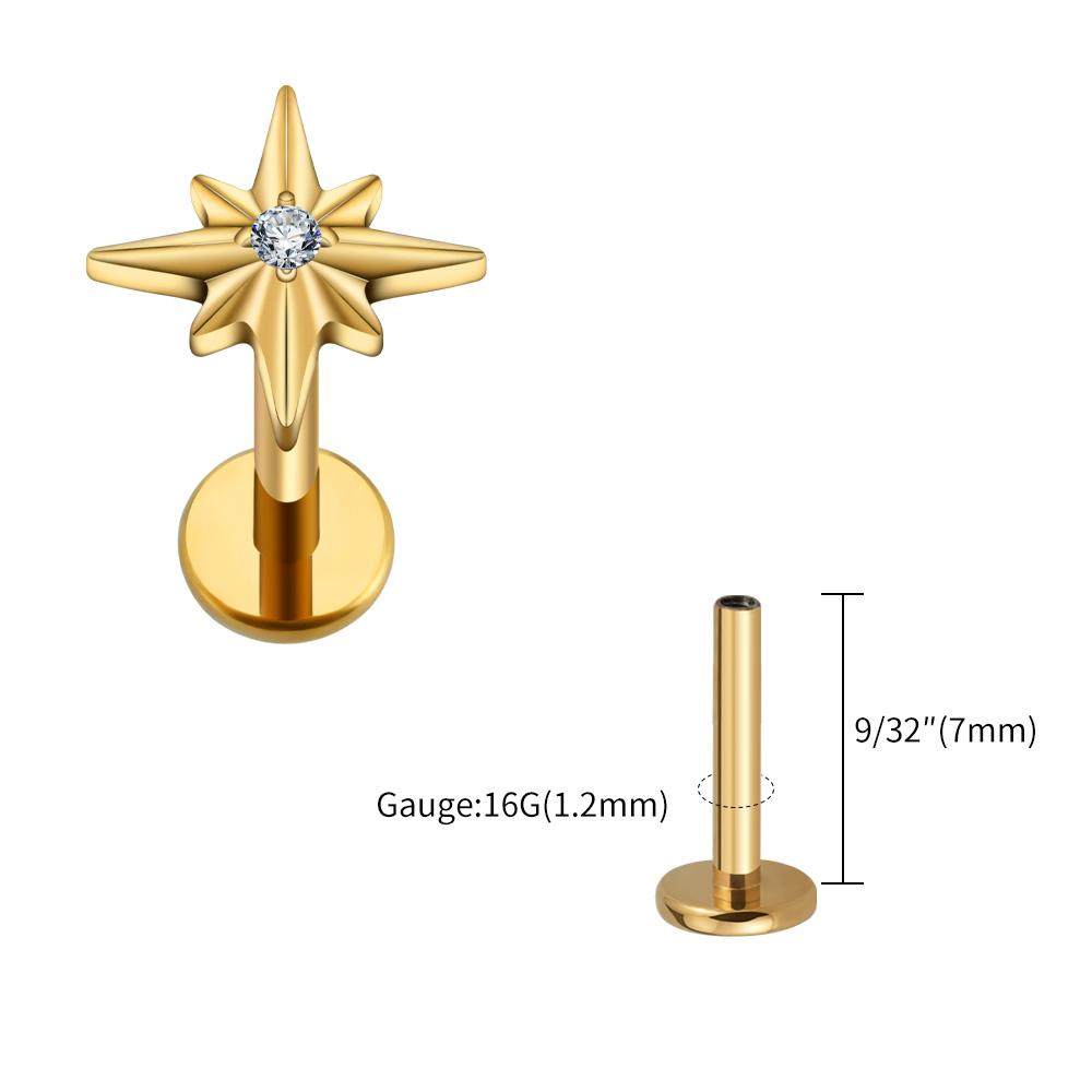 Right Grand ASTM F136 Titanium 16G Sparkling CZ North Star Stud Earring Labret Cartilage Tragus Helix Conch Lobe Piercing