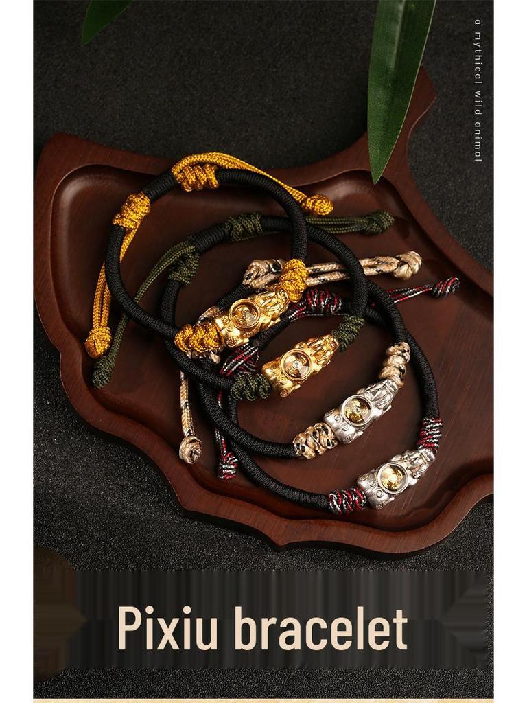 Dragon Knot Gold-Plated Silver Pixiu Bracelet - Handmade Woven Copper, Couple Style, Thai Sand Gold Design for Luck and Fortune.