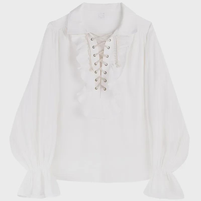 

Рубашки унисекс в стиле ретро с манжетами, воротником, оборками и рукавами на завязках — тренд европейских и американских знаменитостей. M белый