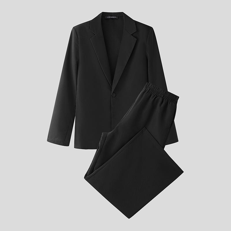INCERUN Men Sets Lapel Neck Long Sleeve Coats and Long Pants Trousers Casual Suits 4XL чёрный