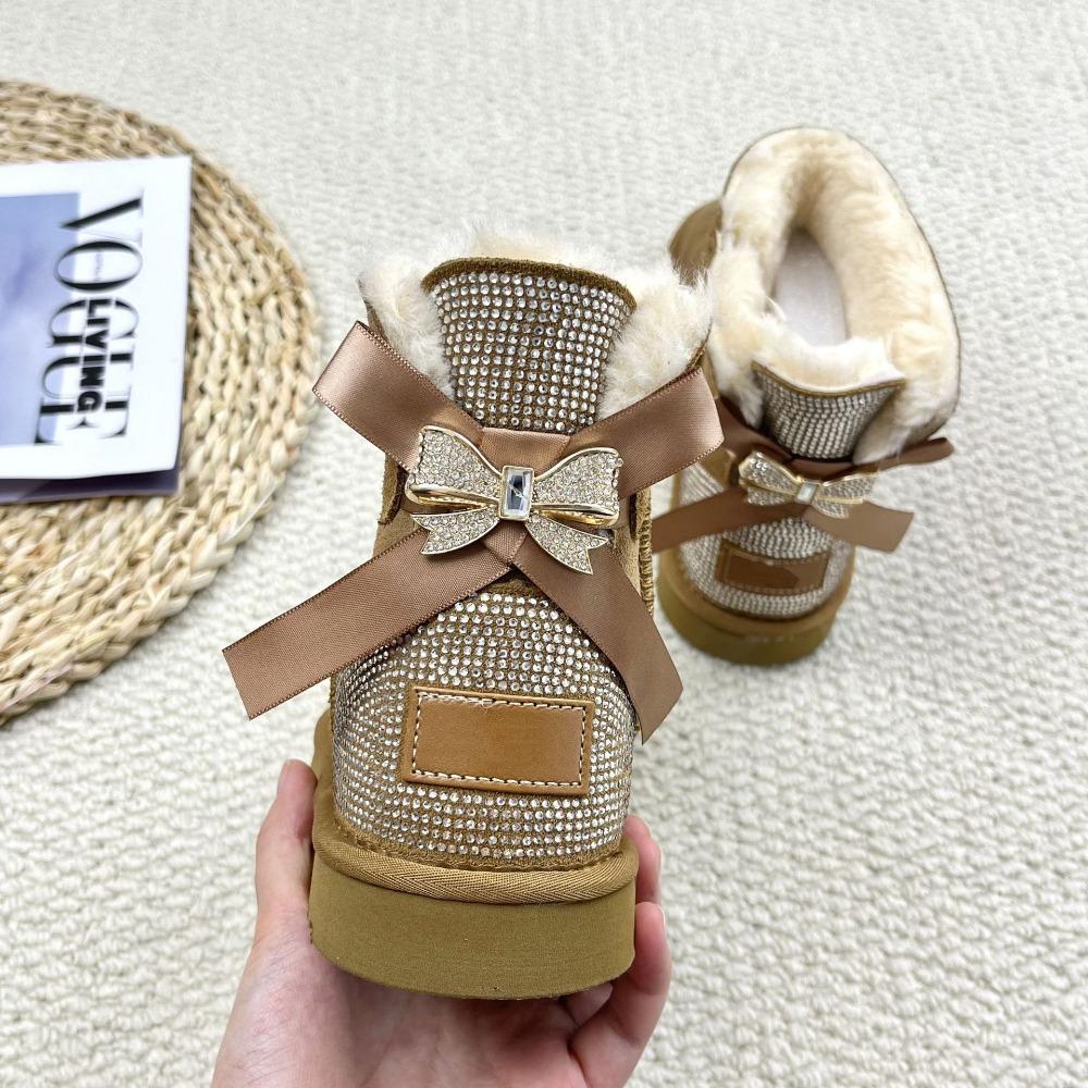 Hot Diamond Low Top Winter Snow Boots Flash Diamond Leather Women's Shoes Flat Large Size Cotton Shoes Full Diamond