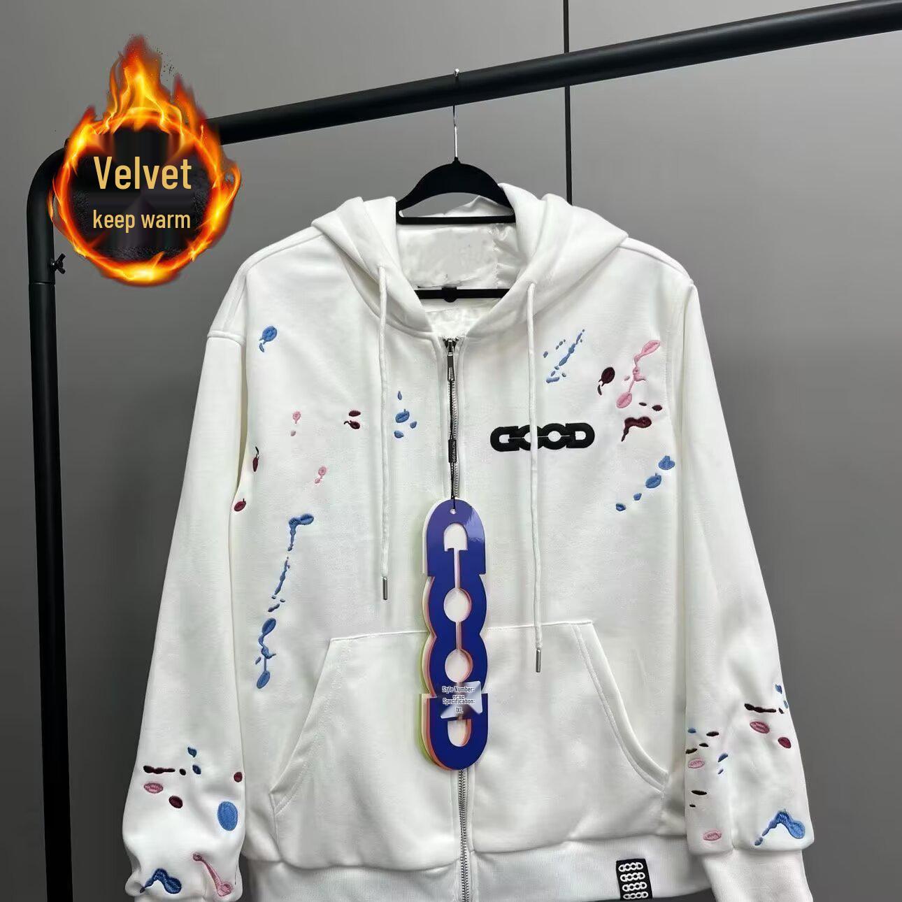 

Autumn Unisex Embroidered Hooded Cardigan with Letter Design and Splatter Paint XL