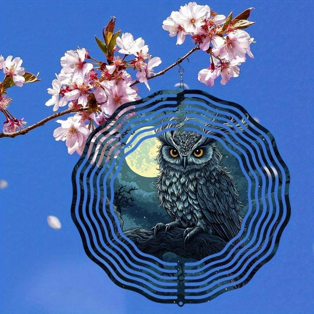 Enchanting Owl on Branch 3D Metal Wind Spinner for Garden Patio Decor Rotating Outdoor Art with 360 Hook Durable Reflective Thanksgiving