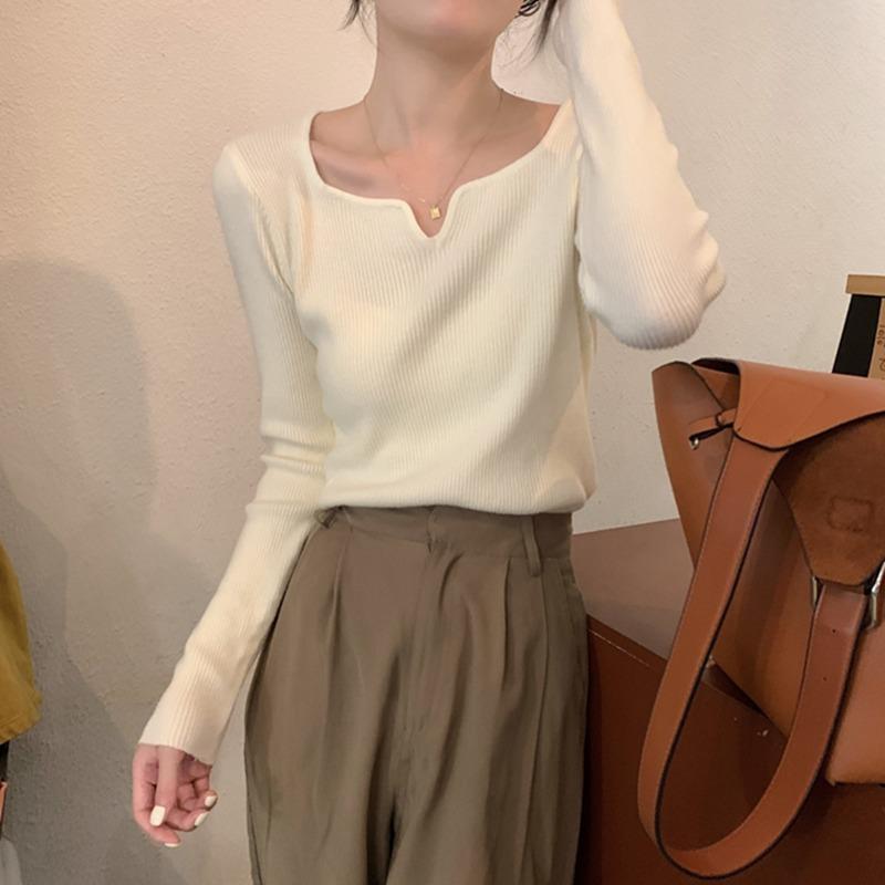 Fashion Square Collar Inner Knitted Pullover Bottoming Sweater Autumn Winter Slim Fit Office Loose Tops Knitwear V Neck Solid Basic Sweet Clothing