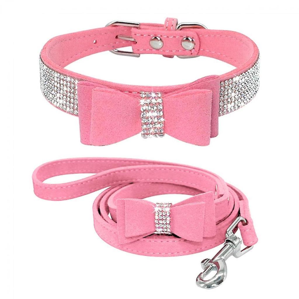 Suede Bows, Leather, Rhinestones, Dog Collar And Leash Cover, Puppy, Cat, Dragon, Small Dog, Cat | Collar For Dog, Cat | Cat Collar (pink)