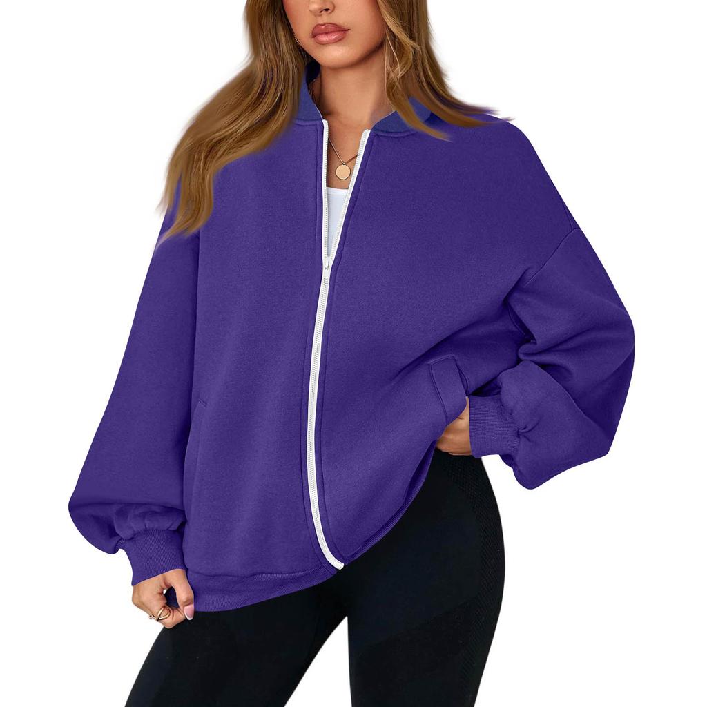 Women's Fashion Long Sleeve Color V-Neck Loose Oversize Zipper Jacket