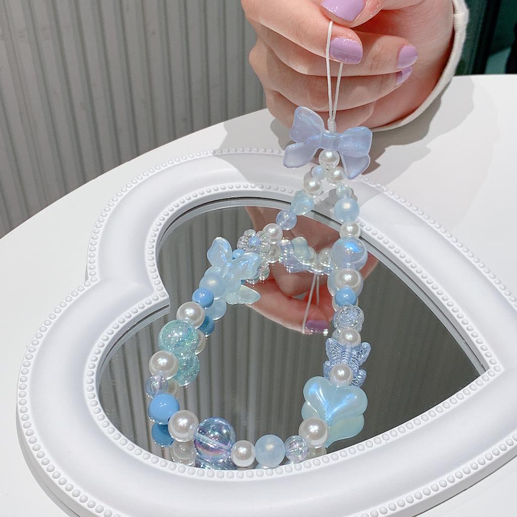 Cute Heart Beaded Bracelet Acrylic Colorful Bowknot Flower Butterfly Sweet Pearl Mobile Phone Shell Accessories Anti-Lost Chain