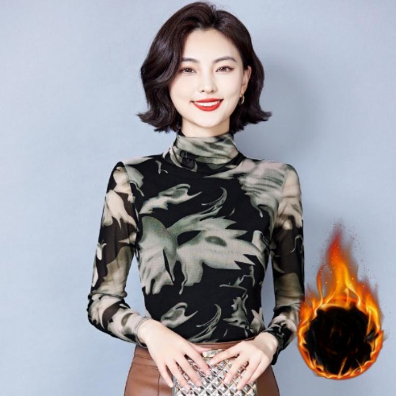 Half Turtleneck Mesh Long-sleeved T-shirt for Women In Winter New Plush Thickened Bottoming Shirt Chinese Style Top