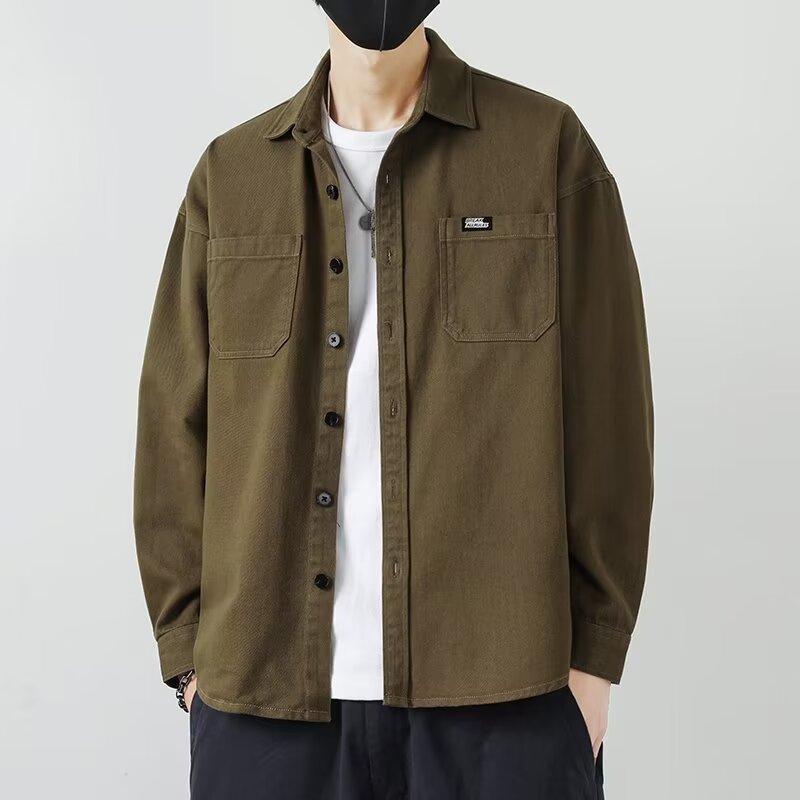 Camicia a maniche lunghe di cotone da primavera e estate da uomo, ampia, di tendenza, americana con risvolto, tasche, camicia, capispalla, top