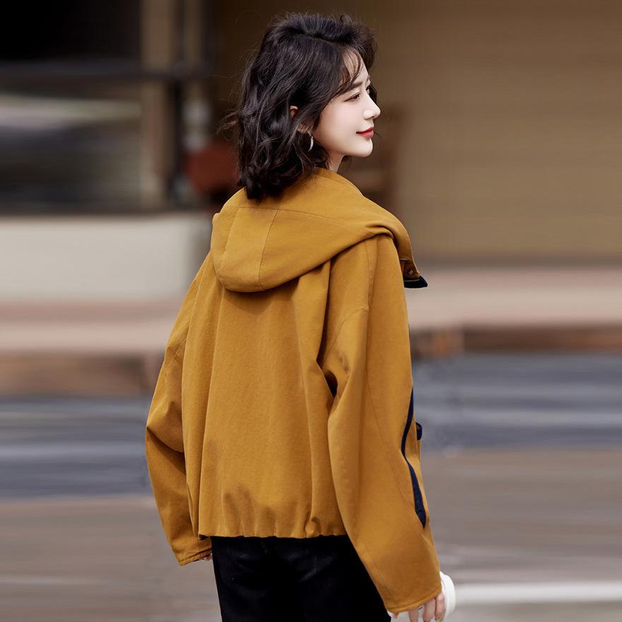 Spring and Autumn New Design Sense Casual Loose Coat Women's Contrasting Color Hooded Jacket Top