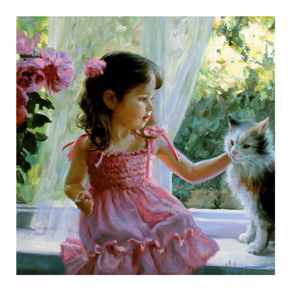 

DIY 3D Алмазная картина Маленькая девочка с кошкой Вышивка Крестом Ремесло Стежок Домашний декор Full Round 20x20CM
