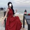 Holiday style sleeveless neck red dress women's summer Yunnan Sanya seaside vacation atmosphere long dress