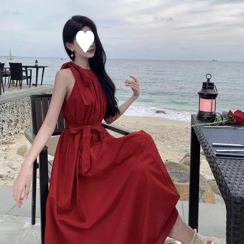 Holiday style sleeveless neck red dress women's summer Yunnan Sanya seaside vacation atmosphere long dress