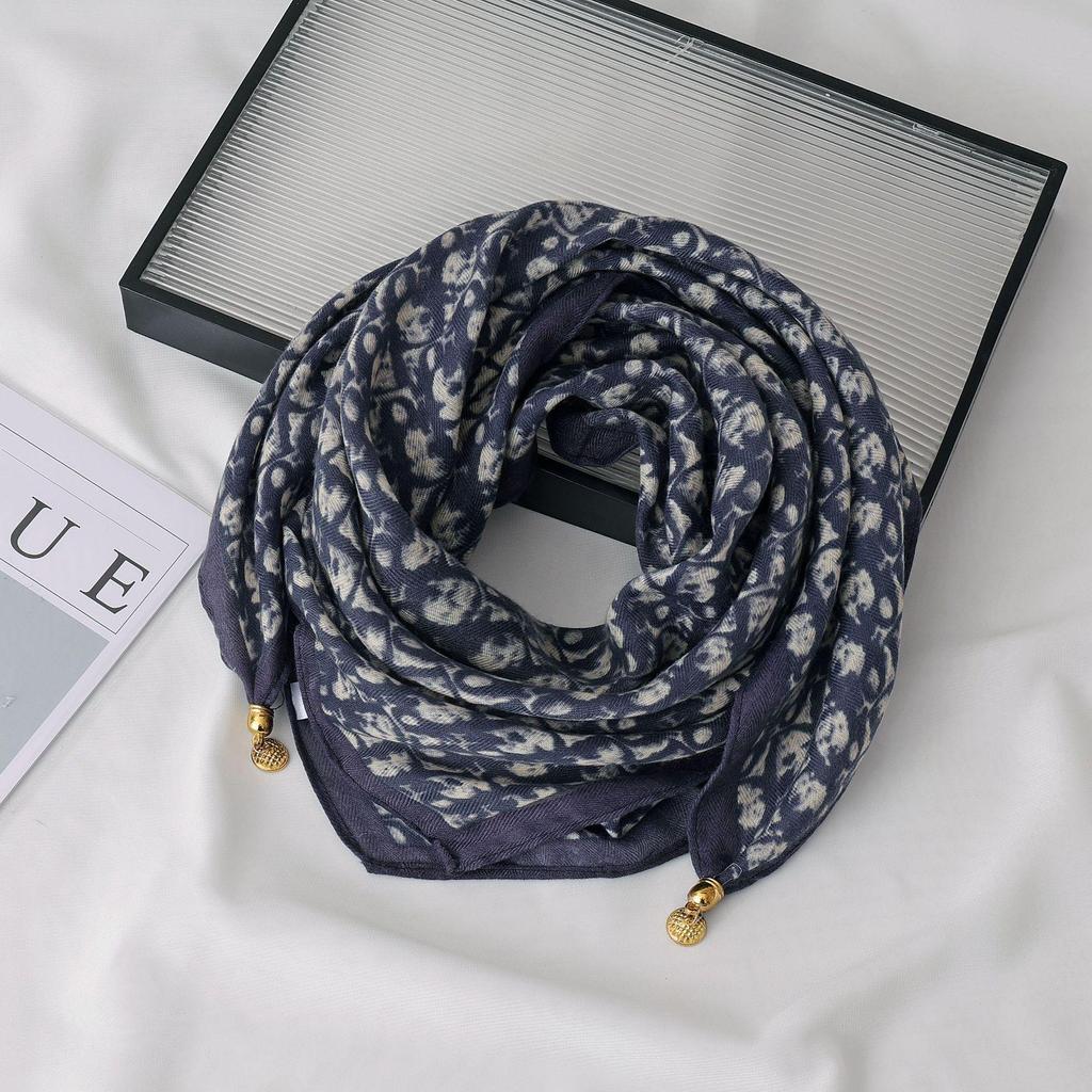 Women's 65" Silk Square Scarf with Magnetic Buckle – Autumn/Winter Print, Fashionable & Versatile Triangle Snood