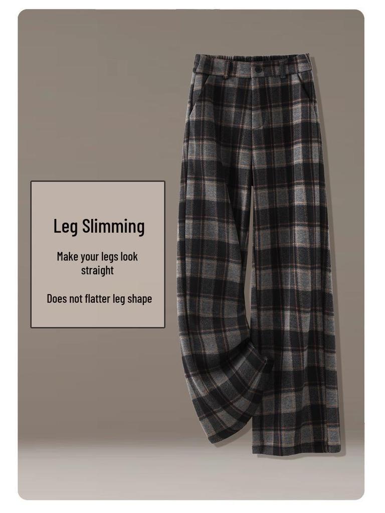 Women's Winter Plaid Wool High-Waisted Straight-Leg Cashmere Pants - Slimming, Loose, and Stylish