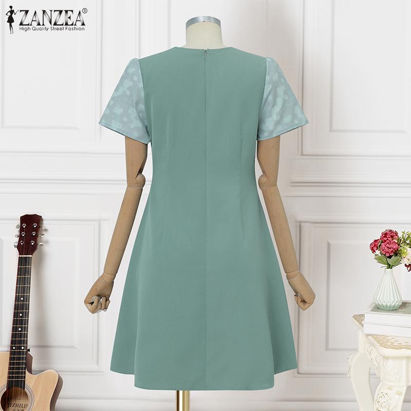 ZANZEA Womens Summer Casual Fake Two Piece Patchwork Short Sleeve Dress