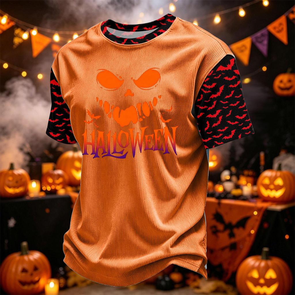 Men's Casual Corduroy Round Neck Lightweight Breathable Short Sleeve Top Halloween Print Lettering Design