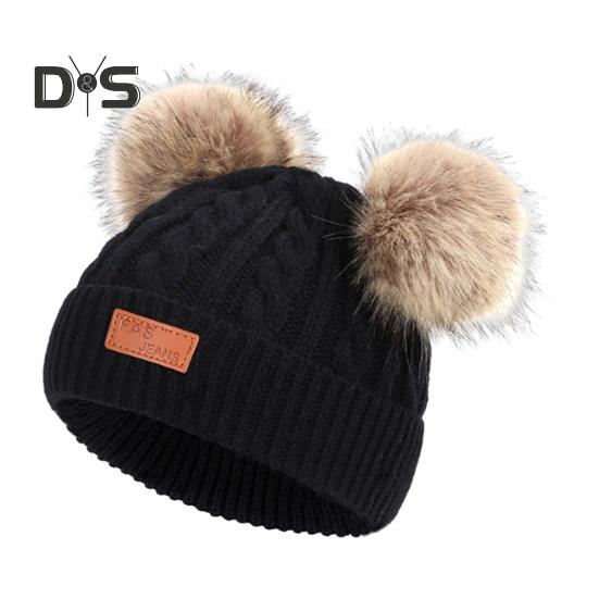 Kids Beanie Fall Winter Knitted Hat with 2 Pompom for Boys Girls 1-4 Years Old Warm Beanie Toddler Hat for Outdoor Activities