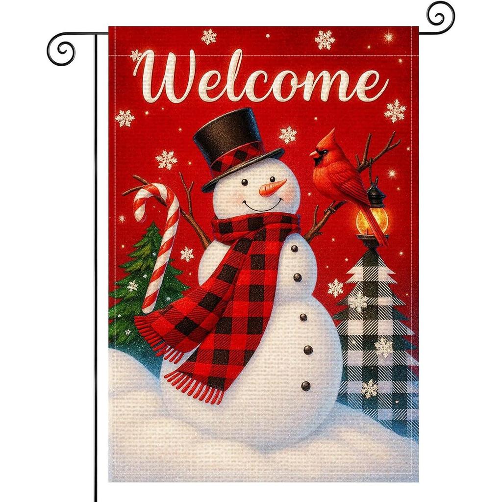 Welcome Snowman Garden Flag Double-Sided Winter Garden Flag Snowman with Plaid Scarf Seasonal Banner for Indoor And Outdoor Decoration Yard Lawn Deco