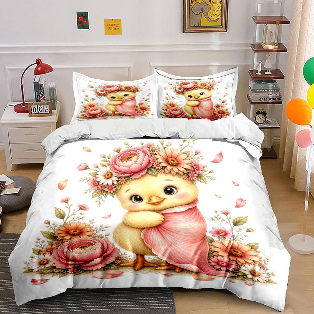 Adorable Chick With Floral Wreath Pattern Duvet Cover Set With 3D Printing Design Soft Polyester Bedding Set All-Season Comfort