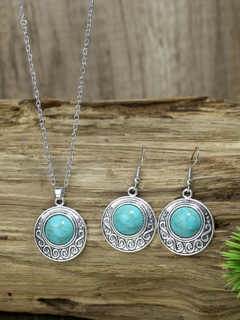 Bohemian Zircon Set Simple Turquoise Earrings Silver Geometric Set Turquoise Pendant Necklace