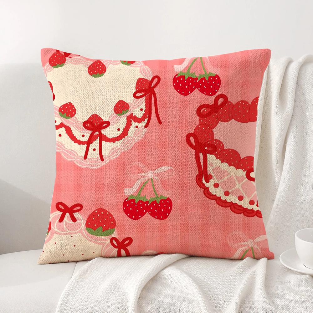 Cute Strawberry Print Cushion Cover Natural Linen Organic Fabric DoubleSided Printing Sofa Home Decor Breathable Bed Pillow