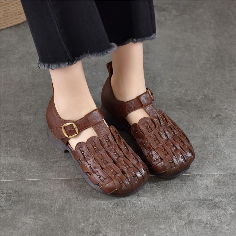Johnature Genuine Leather Round Toe Soft Soled Sandals Hollow Out Breathable Low Heel Women's Shoes