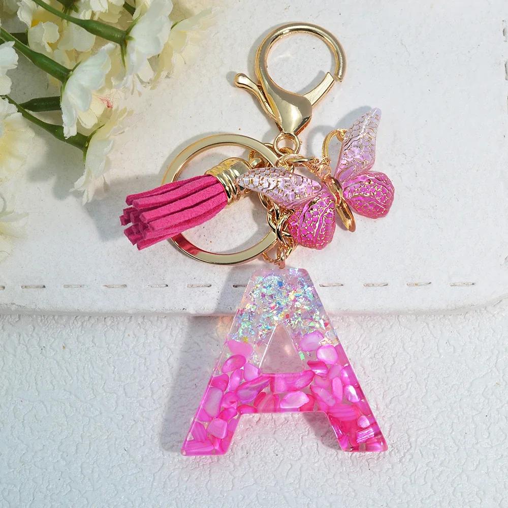 Gradient Pink Jewelry Letter Keyring Resin Letter Keychain with Fringe Butterfly DIY Bag Decoration Pendant Party Gift