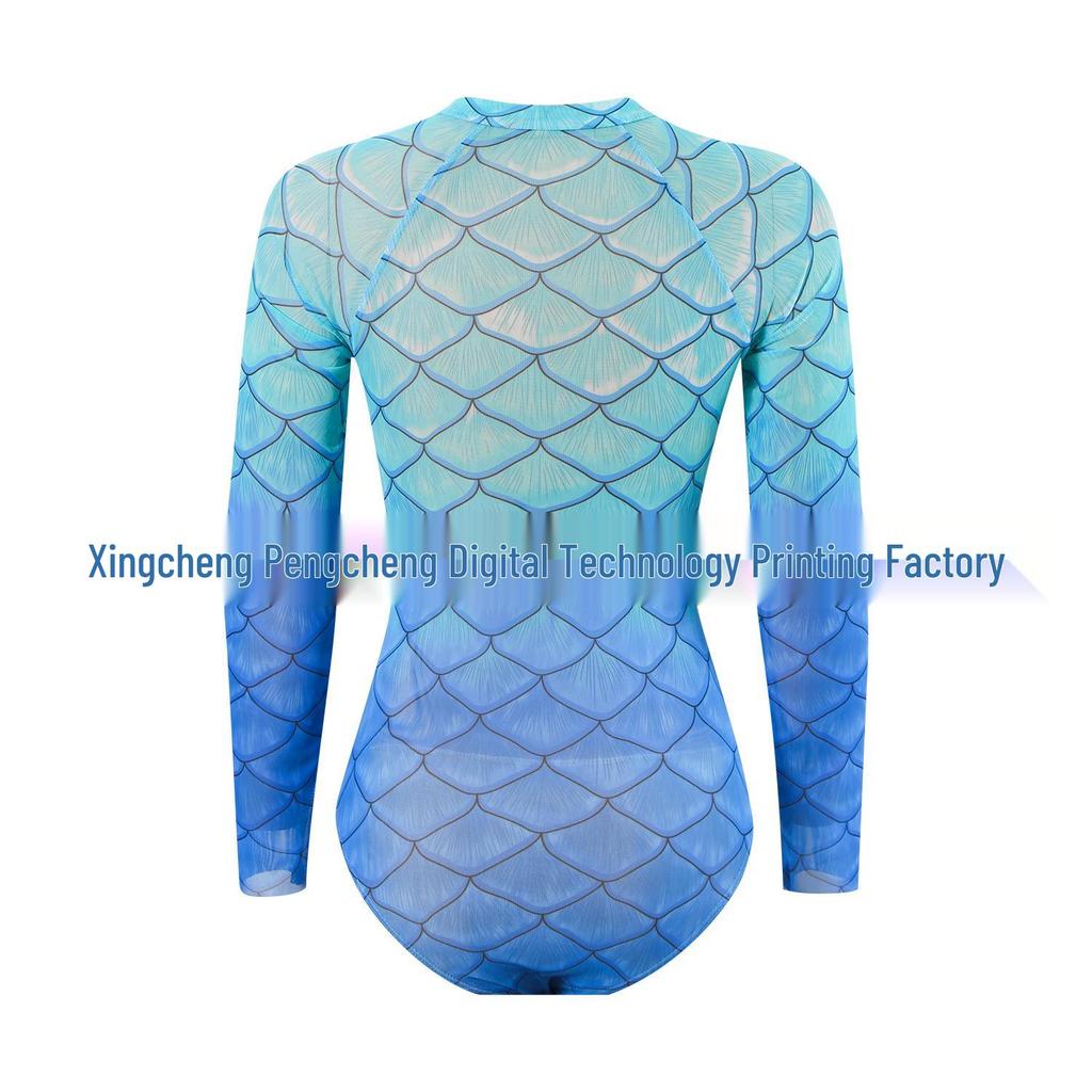 Fish Scale Zipper Mesh Long Sleeve One-Piece Swimsuit Set